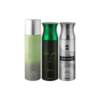 Ajmal 1 Nightingale, 1 Ajmal Sacrifice II For Him And 1 Silver Shade Deodorants Pack of 3 200 ml - Deodorants/Roll-Ons