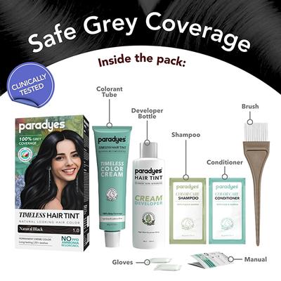 Paradyes Natural Black Timeless Permanent Creme Hair Colour for Grey Coverage, 1.0 Natural Black 160 gm - Crème