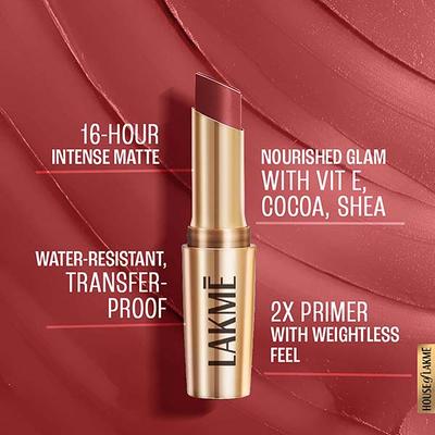 Lakme 9to5 Powerplay Priming Matte Lipstick, Lasts 16hrs, Roseatte Red, 3.6 gm - Lipsticks
