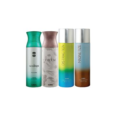 Ajmal 1 Raindrops Femme, 1 Shadow Homme, 1 Distraction And 1 Magnetize Deodorants Pack of 4 200 ml - Deodorants/Roll-Ons