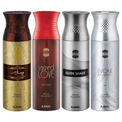 Ajmal Wisal Dhahab & Sacred Love & Silver Shade& Evokesilver Edition Homme Deodorant Spray- For Men (Pack Of 4) 200 ml - Men Perfumes (Edt/Edp)