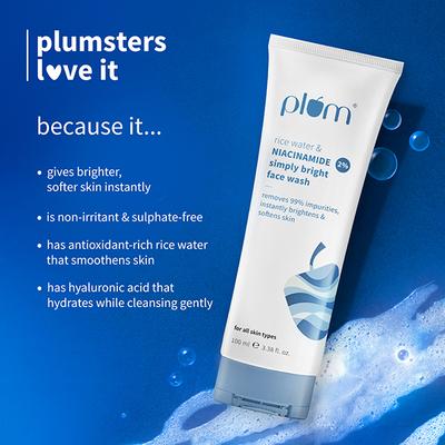 Plum Bright 2% Niacinamide Face Wash with Rice Water Brightens Skin, Helps Fade Blemishes 100 ml - Face Sunscreen