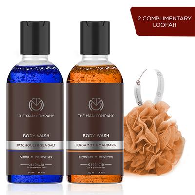 The Man Company Body Wash with Patchouli & Sea Salt Bergamot & Mandarin SLS & Paraben Free 250ml x 2 (With Free 2 Complementary Loofah) 940 gm - Shower Gels & Body Wash