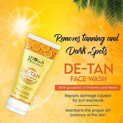 Globus Naturals De Tan Face Wash, Enriched with Neem & Aloe Vera, Tan Removal, 100gm each 2's - Face Wash & Cleansers