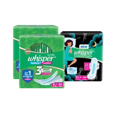 Whisper Combo of Ultra Clean and Bindazz Nights XL+ for Women Sanitary Pad 144's - Sanitary Napkins