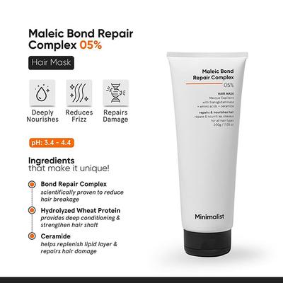 Minimalist Maleic Bond Repair Complex 5% Hair Mask with Masque Capollaire Transglutaminase, Amino Acids & Ceramides Repairs & Nourishes Hair 200gm - Hair Masks & Packs