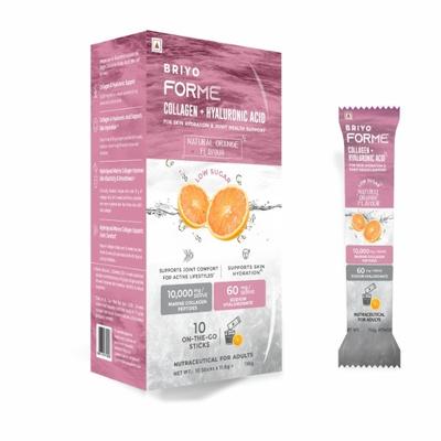 Briyo Forme Collagen + Hyaluronic Acid Structural Support Drink Mix Sugar Free Sachets - Orange Flavour (Pack of 10 x 11.6 g) - Nutritional Supplement