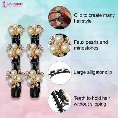 Majestique Stylish Pearl Braid Duckbill Clips, Styling Hair Pins, Crystal Stone 2's - Hair Clips/Bands
