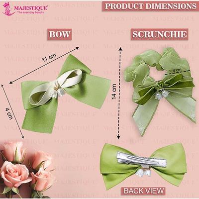 Majestique Satin Silk Layered Hair Bow Embellished Clip And Hair Scrunchies Combo For Women Girls - Green 2's - Hair Clips/Bands
