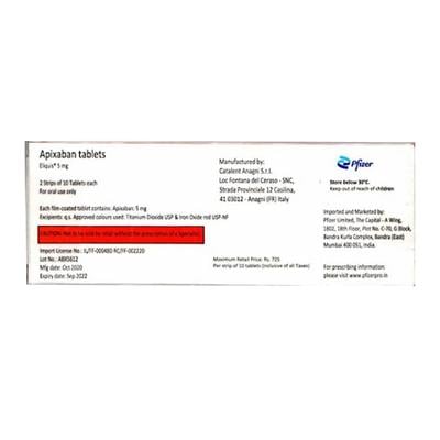 Eliquis 5mg Tablet 10'S - Blood Clot-Ant