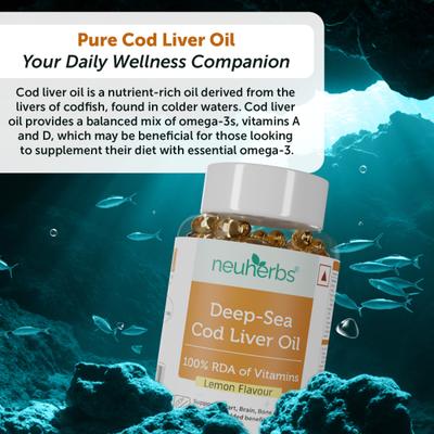 Neuherbs Deep Sea Cod Liver Oil Softgels - Lemon Flavour 100's - Omega Fish Oil Fatty Acids