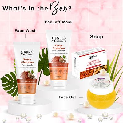 Globus Naturals Kesar Chandan Diwali Glow Gift Box, Face Wash 75gm, Peel Off Mask 100gm, Face Gel 100gm, Saffron and Sandalwood Soap 100gm 1's - Makeup Kits & Sets