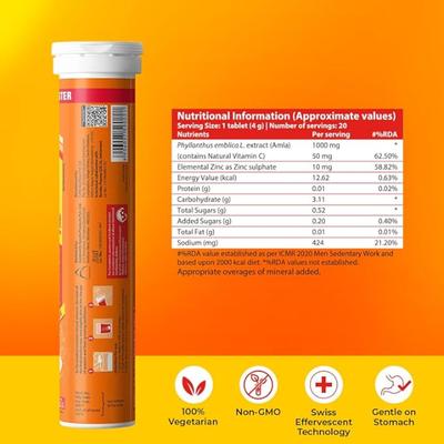 Fast&Up Charge Natural Vitamin C From Amla Extract & Zinc Tablets - Fizzy Blast Orange Flavour 20's - Vitamin C