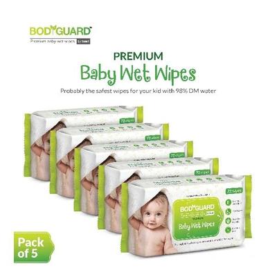 BodyGuard Premium Baby Wet Wipes with Aloe Vera Extract (Pack of 5 x 72's) - Diapers & Wipes
