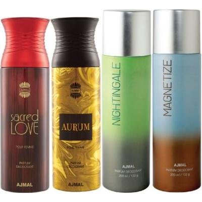 Ajmal 1 Sacred Love For Women, 1 Aurum Femme For Women, 1 Nightingale And 1 Magnetize For Men & Women High Quality Deodorants Combo (Pack Of 4) 800 ml - Perfumes (Edt/Edp)
