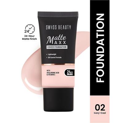 Swiss Beauty Matte Maxx Cover Foundation, 24- Hour Stay, with Hyaluronic Acid & Vitamin E, Oil-Control Formula 2- Ivory Cool 30 gm - Foundation