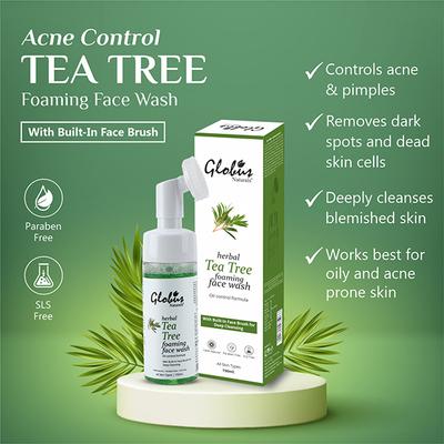 Globus Naturals Tea Tree Oil Control Foaming Face Wash With Built-In Face Massage Brush 150ml - Face Wash & Cleansers