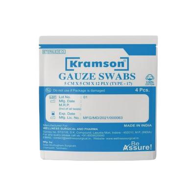 Wellness Kramson Gauze Swab (5 Cm x 5 Cm x 12 Ply) 4's - Cotton Wool & Swabs