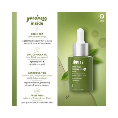 Plum Green Tea Zinc Complex 3% Serum With AcnacidolTM BG natural AHAs Fights Pimples Tightens Pores Controls Oil 30Ml - Toners