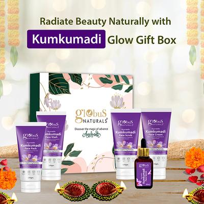 Globus Naturals Kumkumadi Diwali Glow Gift Box-Face Wash 100gm, Face Scrub 100gm, Face Cream 100gm, Face Pack 100gm, Face Serum 30ml 1's - Makeup Kits & Sets