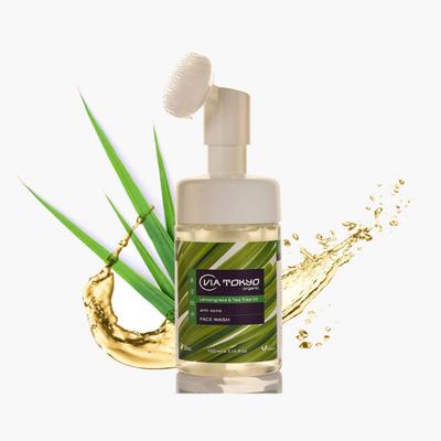 VIA TOKYO ORGANIC Lemongrass & Tea Tree Oil Foaming Face Wash with Brush, Anti - Acne, No Sulphates, No Paraben 100 ml - Face Wash & Cleansers