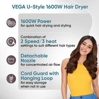 VEGA U-Style 1600 Foldable Hair Dryer For Men & Women With Cool Shot Button VHDH-24 Black 1 gm - Hair Dryers