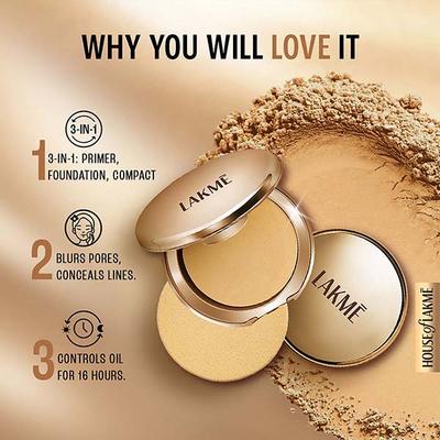 Lakme Powerplay Priming Powder Foundation, 3-in-1, Natural Almond, 9gm - Compact Powder