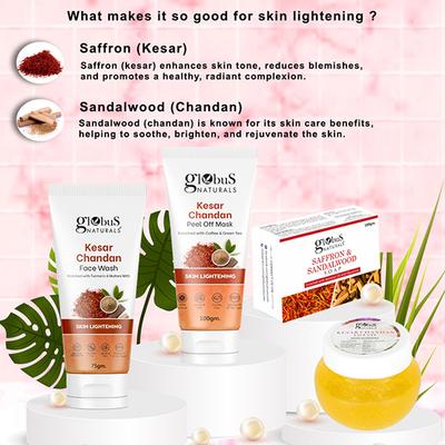 Globus Naturals Kesar Chandan Diwali Glow Gift Box, Face Wash 75gm, Peel Off Mask 100gm, Face Gel 100gm, Saffron and Sandalwood Soap 100gm 1's - Makeup Kits & Sets