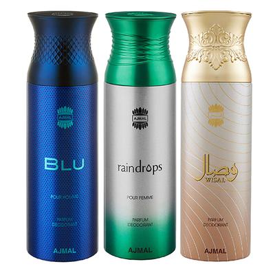 Ajmal Blu Raindrops Wisal Deodorant Spray (Pack of 3) 200 ml - Perfumes (Edt/Edp)