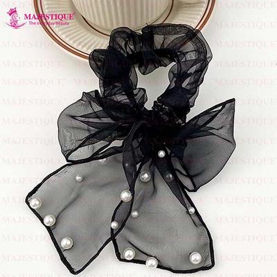Majestique Pearl Bow Scrunchies Net Ponytail Holder, Rubber Band Hair Accessories Best Gift For Girls,Women - Black 1's - Hair Clips/Bands