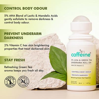 mCaffeine 5% AHA Underarm Fresh Green Tea Deodarant Roll On Prevents Odour & Pigmentation 50 ml - Women Deodorants/Roll-Ons
