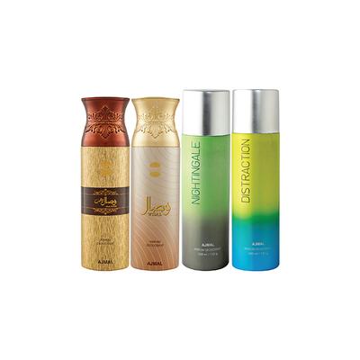 Ajmal 1 Wisal Dhahab, 1 Wisal, 1 Nightingale And 1 Distraction Deodorants Pack of 4 200 ml - Deodorants/Roll-Ons