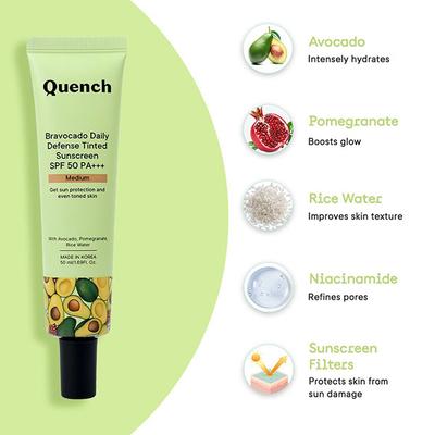 Quench Botanics Bravocado Daily Defense Tinted Sunscreen SPF 50 PA+++ (Medium) 50 ml - Face Sunscreen