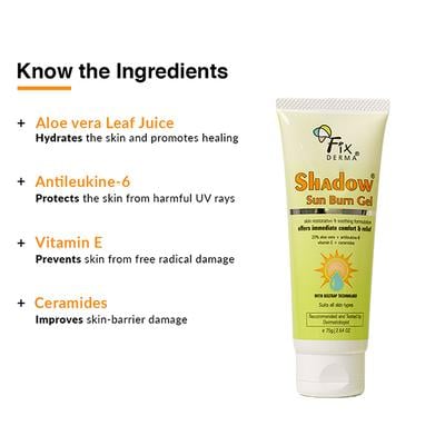 Fixderma Shadow Sun Burn Gel with 20% Aloe Vera Gel & Vitamin E Sunburn Cream for Face 75 gm - Face Packs