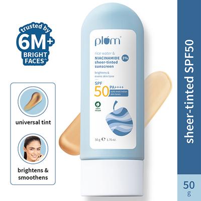 Plum Rice Water & 3% Niacinamide Sheer-Tinted SPF 50 PA++++ Sunscreen Universal Tint Non-Oily 50 g - Body Sunscreen