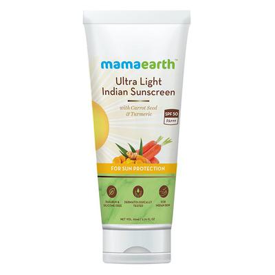 Mamaearth Ultra Light Indian Sunscreen with Carrot Seed & Turmeric & Tan Protection SPF 50 PA++++ 80 g - Body Sunscreen