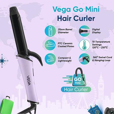 Vega Go Mini Hair Curler for Women with 25 mm Barrel, Auto Cut-Out for Travel Friendly (VHCH-08) 342 gm - Rollers & Curlers