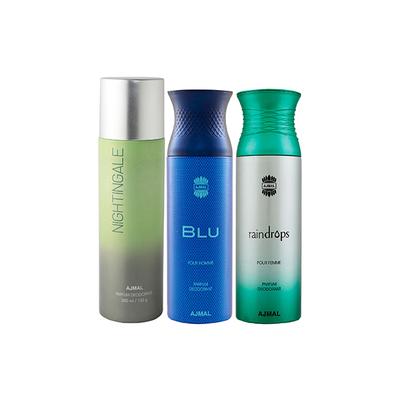 Ajmal 1 Nightingale, 1 Blu Homme And 1 Raindrops Femme Deodorants Pack of 3 200 ml - Deodorants/Roll-Ons