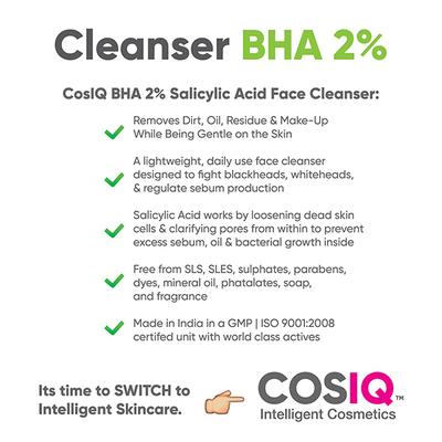 Cos-IQ Salicylic Acid 2 percent Face Cleanser with BHA Face Wash For Acne and Pimple for Unisex - 100 ml - Face Wash & Cleansers