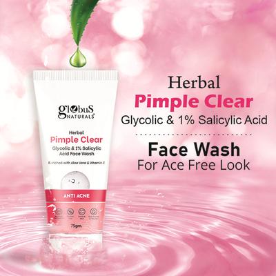 Globus Naturals Herbal Pimple Clear Glycolic and 1% Salicylic Acid Face Wash, 75gm each 2's - Face Wash & Cleansers