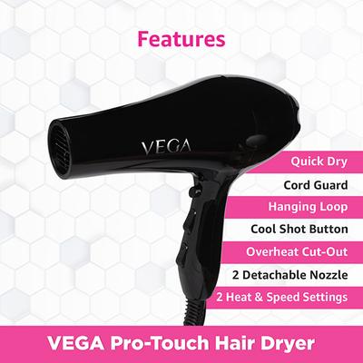 Vega Pro Touch 2000w Professional Hair Dryer with Cool Shot (VHDP-02) Black 1's - Hair Dryers