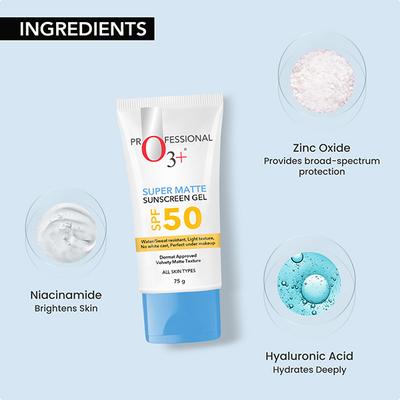 O3+ Super Matte Sunscreen SPF 50 PA ++++ Niacinamide & Hyaluronic Acid for Normal to Oily Skin 75 gm - Face Sunscreen