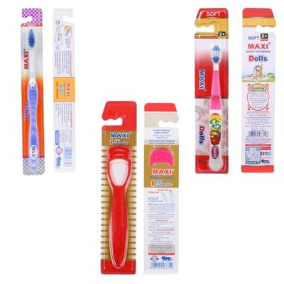 MAXI Oral Care Hygiene Family Combo Pack - (Tiger 4's + Dolls Junior 2's + Tongue Cleaner-No.1 2's) - Toothbrushes