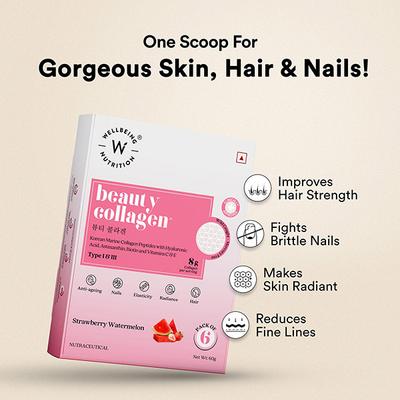 Wellbeing Nutrition Beauty Korean Marine Collagen, Type 1 and 3 Peptides, Hyaluronic Acid, Astaxanthin, Biotin, Vit C - 6 Sachets 60 gm - Multi-Vitamins