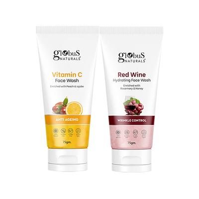 Globus Naturals Face Care Combo -Anti Ageing Vitamin C, Wrinkle Control Red Wine Face Wash 75gm each 2's - Face Wash & Cleansers