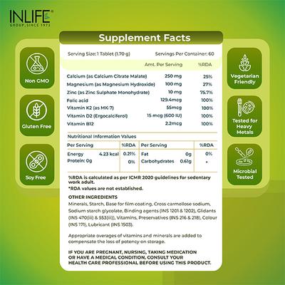 Inlife Calcium, Zinc, Magnesium, Vitamin D2 + K2 Tablet 60's - Multi-Vitamins