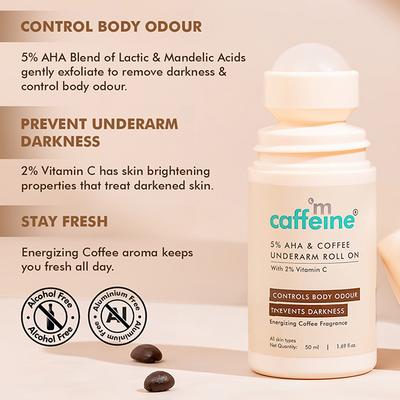 mCaffeine 5% AHA Underarm Roll On - Lactic Acid & Fresh Coffee Deodarant, Prevents Odour & Pigmentation 50 ml - Women Deodorants/Roll-Ons