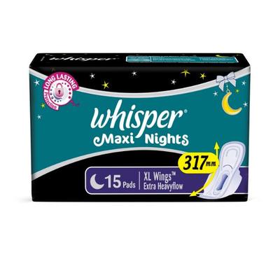 Whisper Maxi Nights Sanitary Pads for Women, XL, Pack of 15 Napkins 166 gm - Sanitary Napkins