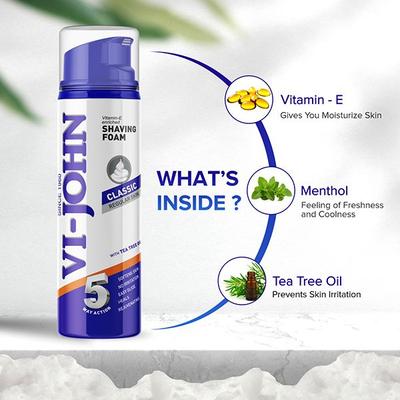 VI-John Classic Regular Skin Vitamin E Enriched 5 Way Action Shaving Foam for Men with Tea Tree Oil 200ml - Shaving Foams