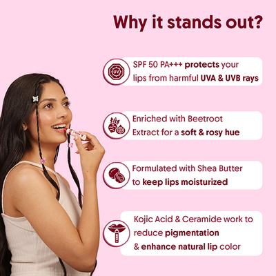 Aravi Organic Tinted Beetroot Lip Balm with SPF 50 PA Plus Kojic Acid and Ceramide for Lip Brightening 5 gm - Lip Balms